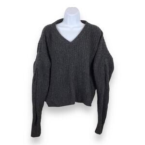 MADEWELL Chunky Knit Puff Sleeve Grey V-Neck Sweater size M